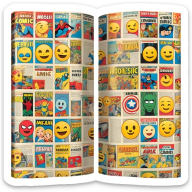 detailed and vintage-inspired emoji representing comic magazines and graphic novels as a storytelling art form. a large, open comic magazine with pages filled with classic American comic book panels. classic feel of old-school comic books a graphic novel. background transparent. No smiles! sticker