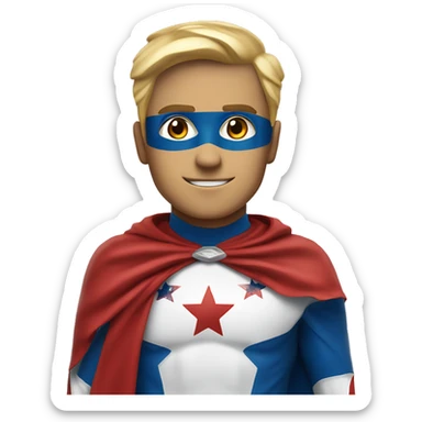 Emoji of Homelander from ‘The Boys’ series. USA flag-inspired costume with cape (red, blue, white). Confident, slightly menacing expression. sticker
