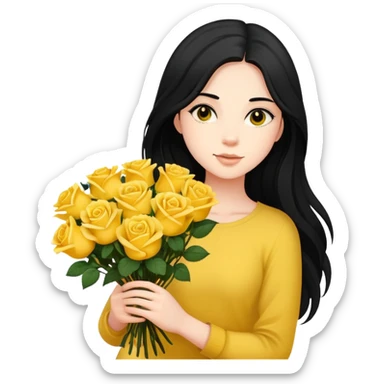 Beautiful girl with long black hair holding a bouquet of yellow roses sticker