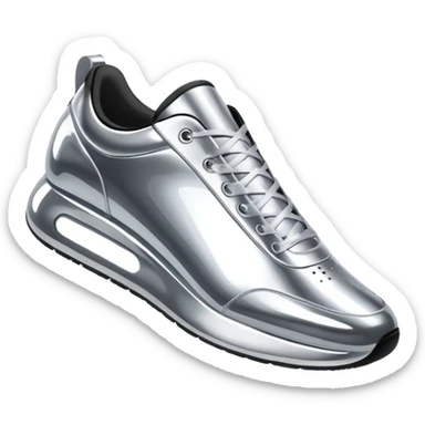 A pair of futuristic sneakers emoji made of silver chrome, sleek streetwear design, smooth metallic panels, subtle reflections, luxury swag aesthetic, iOS emoji style, centered, clean white background sticker