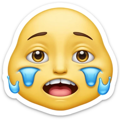 crying emoji with eyes open wide, visible eye bags, yellow emoji, visible teeth, stretched out mouth, blue tears, exaggerated  sticker