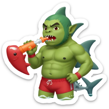 orc male in shark floatie, blowing whistle. Red swim trunks sticker
