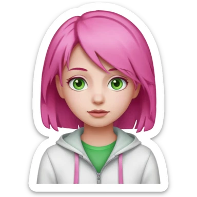 A girl emoji with pink hair, wearing white and pink clothes, with green eyes sticker