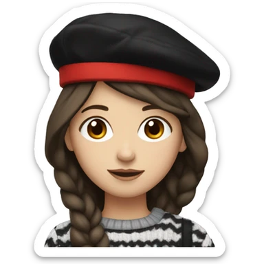 young adult girl in red beret with dark brown long hair and black-white line sweater sticker