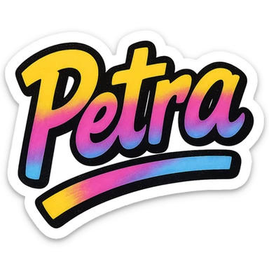 Petra name in modern colorful gradient font with dark outline, dynamic slanted or partial underline, transparent background, in the style of reference patterns sticker
