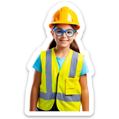 Girl with vest and safety glasses and hard hat sticker