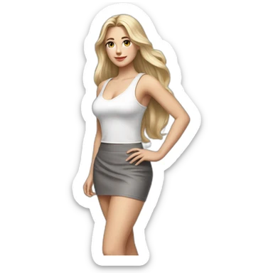 hyperrealist caucasian long blonde hair brown eyes woman white strap low cut tank top gray tight mini skirt black high heeled shoes full body sticker