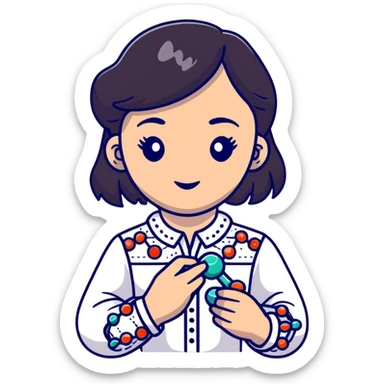 Ukrainian girl with dark hair in an embroidered traditional shirt holds a DNA molecule in her hand sticker