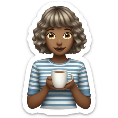 Girl in her 20's, bangs, wavy hair, ash colored hair, a striped shirt drinking tea sticker
