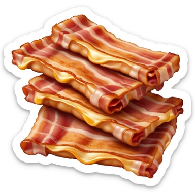 Cinematic crispy sizzling bacon, slightly curled, golden-brown with a perfect crunch, glistening with rich flavor, deep warm tones, served on a breakfast plate, comforting and indulgent. sticker