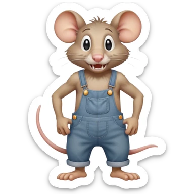 frowning disheveled dizzy cartoon hillbilly rat wearing overalls no shirt. standing and talking full body. human eyes. teeth showing talking. walking talking moving arms. reacting upset sticker