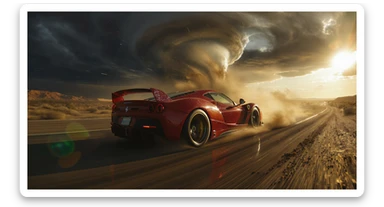 Cinematic still of a ferrari f40 around tornado od arizona desert, sun flare, captured by gopro hero with effect fisheye, water drops on car body, detailed, inspired by interstellar look, captured by a RED Weapon 8K sticker