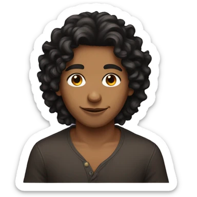 Brown boy with long curly black hair, t sticker