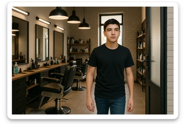 Shu odamni sartaroshxonaga kirib kelayapti  o'smirin davri rakurs ichkaridan sartaroshxona eski ham yangi ham emas bolani juda semiz qilib yuborma  u ozg'inroq bo'lsin huddi sartaroshxonani  hammadan oldin kelib ochsin sticker