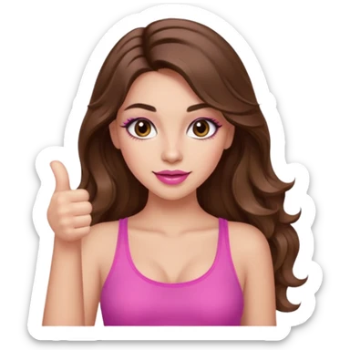 girl with long wavy brown hair, brown eyes, long lashes makeup, sexy pink lips, light to medium complexion, wearing a pink sexy top, thumbs up sticker