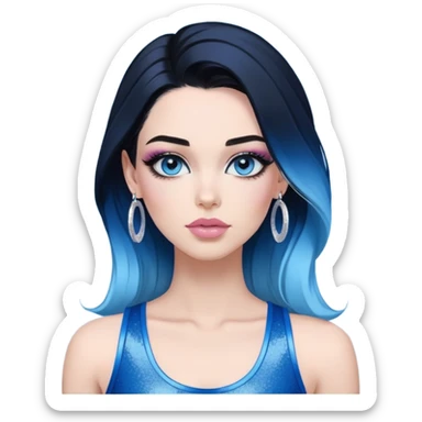 Head-to-waist-Sultry-very-beautiful-face-light-pink-lips-long-straight-dark-blue-ombre-hair-and-blue-eyes-thick-black-eyeliner-thick-long-eyelashes-sky-blue-superman-tank-top-with-glitter-and-silver-hoop-earrinngs sticker