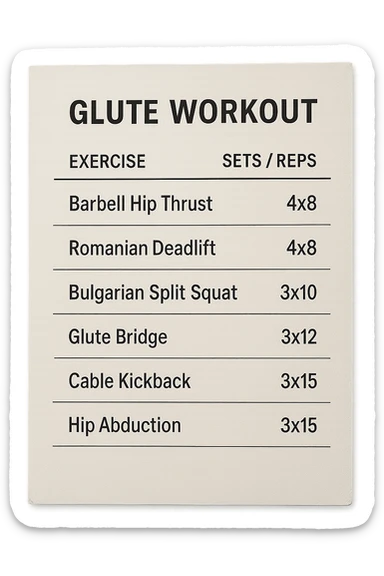 scheda di allenamento glutei con le reps scritte (tipo 4x8 ecc), iperrealistico 4k sticker