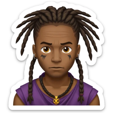 
1 black man, fierce face, scar on face, dreadlock hair tied back emoji
 sticker