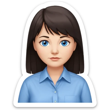 50 yr old woman, blue eyes, long straight dark brown hair, business shirt, chubby, bangs, long hair sticker