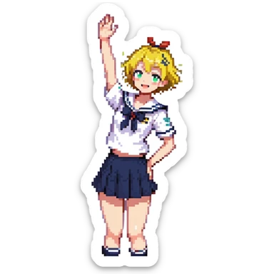 Pixel art anime girl with short bright yellow hair wearing Japanese sailor style school uniform, composed posture with hand on hip but energetically waving with other hand, excited smile and happy eyes sticker