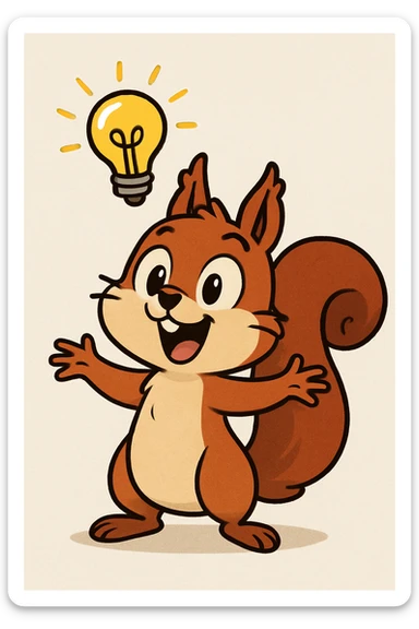a squirrel with a lightbulb above its head, looking excited, cartoon style sticker