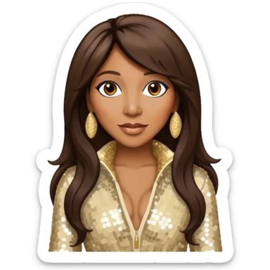 Towanda Braxton with long dark brown hair, cream sequin outfit sticker