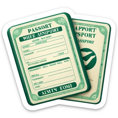 white passport with visible airline tickets, dark green stamps and stripes on tickets, emoji style sticker