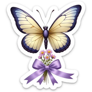 A delicate glass-winged butterfly hovering above a bundle of dried flowers tied with a soft satin bow.
 sticker