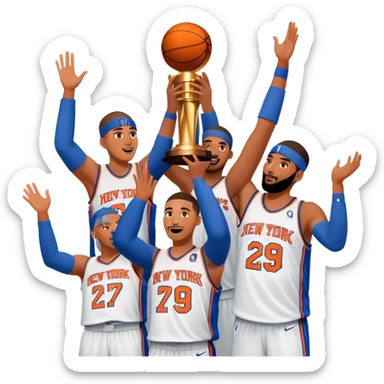 New York Knicks basketball team winning NBA championship trophy, celebration, blue and orange colors sticker