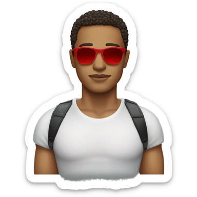 Lightskin man with a red shirt Versace sunglasses and a shape up sticker