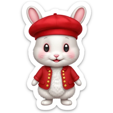 A cute full-length bunny smiley face standing on the side, wearing a stylish red beret. sticker