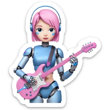 a cyper robot carry her note and electric guitar and try to change the world with pink and bluecolor sticker