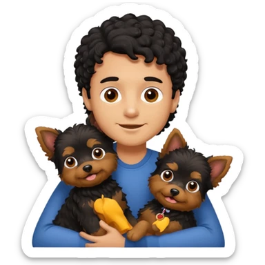 Young man with little brown skin, black curly hair, cheerful dark brown eyes, hugging two Yorkie dogs long hair sticker