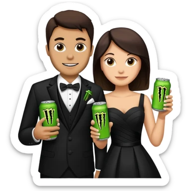 husband and wife at wedding holding monster energy drinks sticker