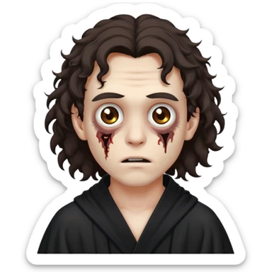 это должен быть юноша, одет в черную мантию, глаза цвета хамелион, но более коричневые, выглядит как зомби и еще длинные немножко кудрявые волосы темно коричневого цвета sticker