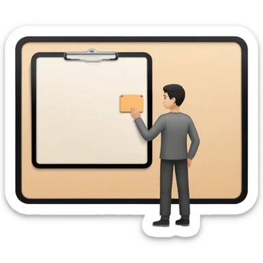 Minimalistic flat vector icon, iOS style, thin black contour on white background. Person silhouette with a project board (kanban/task board) behind. No text, no shadows.
 sticker