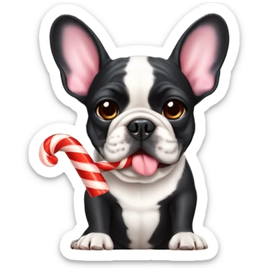 A french Bulldog With a candycane in ist moutch sticker