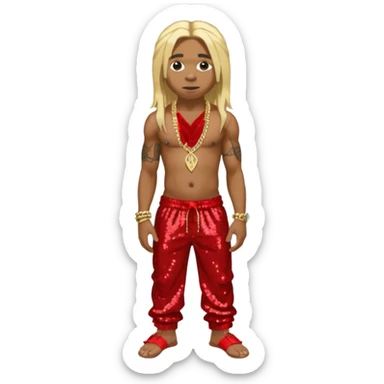 Lil Wayne with long blonde hair, red sequin baggy pants, shirtless with necklace sticker
