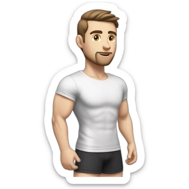 Pale skinned Fit Man With the biceps and dark brown hair in black shirt, gray sports shorts and white Sneakers His right hand touches his back of the head sticker