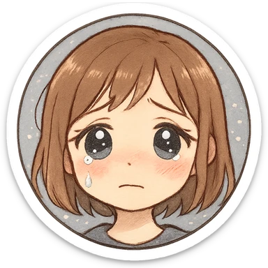 sad anime-style girl emoji, glossy teary eyes, one tear, blushing cheeks, pastel blue-gray sparkly background, soft, emotional, sensitive style sticker