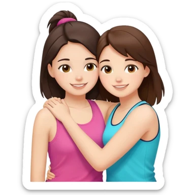 Two cute girl besties, one brunette, beautiful, hugging. Wearing different colored tank tops. They are average sized, they are super happy and are facing each other sticker