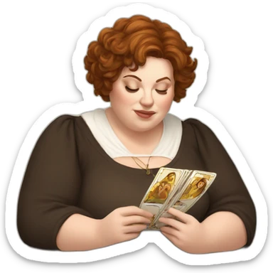 White big Woman, brown eyes, with short brown messy hair reading tarot card on a table sticker