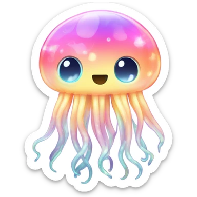 A glowing jellyfish with flowing tentacles that shimmer in pastel rainbow colors, surrounded by tiny sparkling stars. sticker