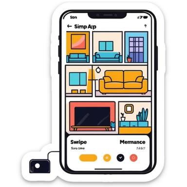 dating app swipe interface on phone but with living room designs instead of people profiles, with swipe left and right indicators sticker