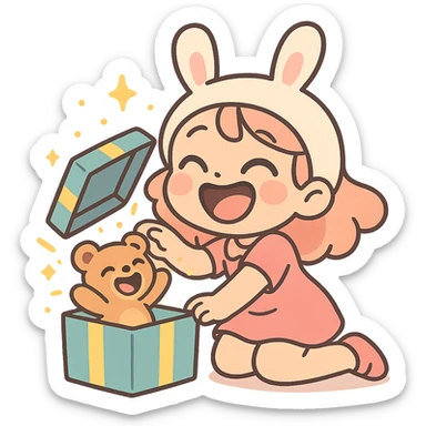 laughing chibi cute girl with a bunny hat unwrapping a magical glitter gift box with a small laughing teddy bear inside the gift box, full body, clean and polished, no imperfections, pastel-toon style sticker