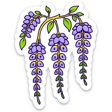 Decorative wisteria flower with elegant drooping clusters of purple blossoms and small bright green leaves sticker
