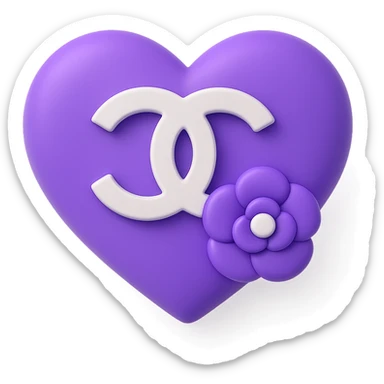 Chanel heart, shiny, black and white, with a camellia flower, 3D purple style sticker