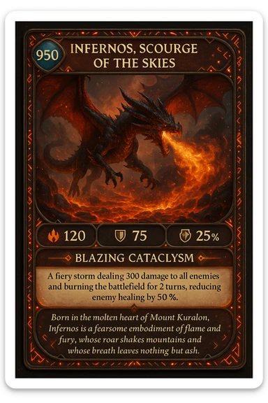 Make an epic role-playing card featuring a legendary fire-breathing dragon named Infernos, Scourge of the Skies. The card should display its stats: 950 HP, 120 fire power, and 75 armor that reduces physical damage by 25%. Highlight its special ability, Blazing Cataclysm—a fiery storm that deals 300 damage to all enemies and burns the battlefield for 2 turns, reducing enemy healing by 50%. The design should be ornate and collectible, with glowing ember accents, ancient dragon runes, and a dramatic illustration of Infernos flying over a scorched battlefield with molten lava and smoke. Add a lore-rich description: “Born in the molten heart of Mount Kuralon, Infernos is a fearsome embodiment of flame and fury, whose roar shakes mountains and whose breath leaves nothing but ash sticker