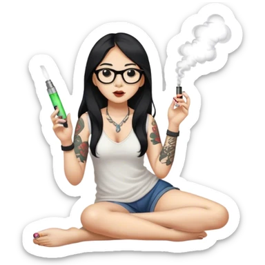 Black hair long hair Asian girl, wearing slippers, glasses, only one arm tattooed, smoking an e-cigarette sticker