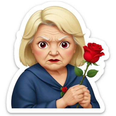 fat old lady holding a rose with blonde hair and an angry expression sticker